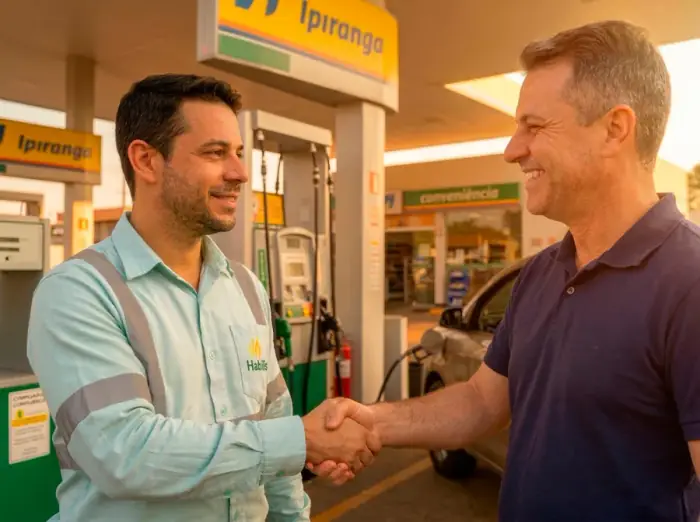 Consultor da Hábilis e proprietário de posto celebrando a regularização ambiental completa em Goiânia