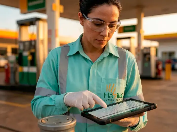 Consultora da Hábilis Consultoria Ambiental realizando vistoria técnica em posto de combustível em Goiânia