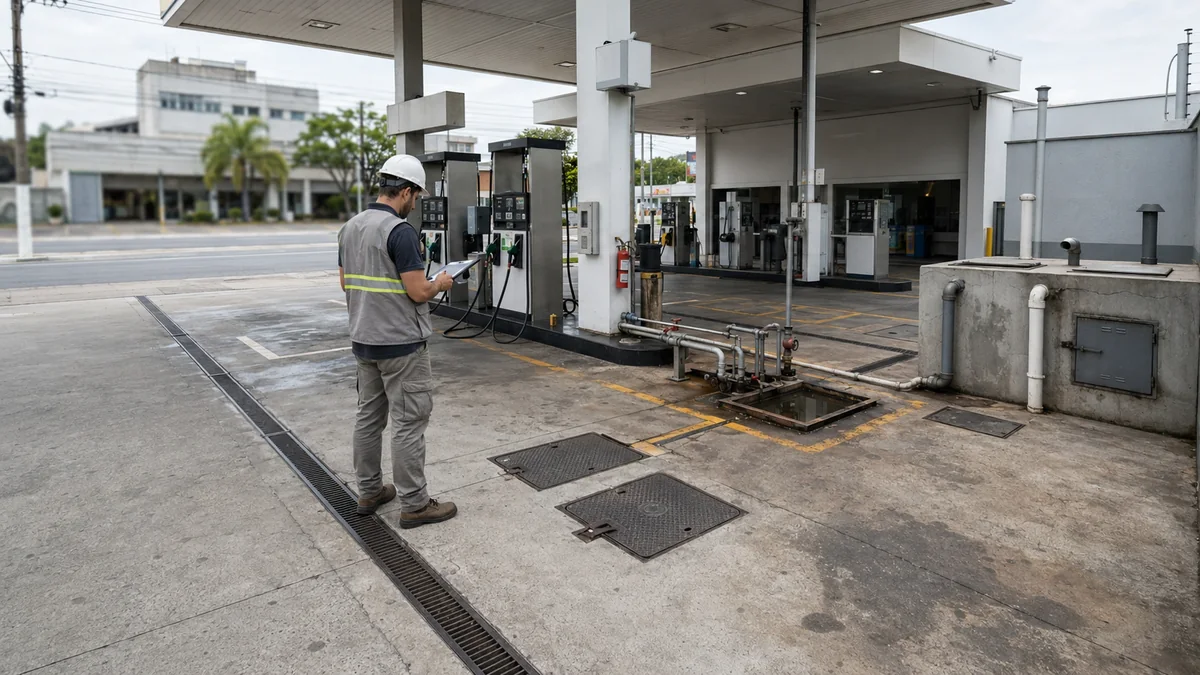 Profissional da Hábilis Consultoria Ambiental realizando vistoria técnica em posto de combustível